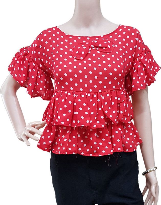 Party Bell Sleeves Polka Print Women Red, White Top