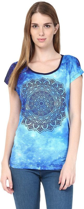 Casual Cap Sleeves Graphic Print Women Blue Top