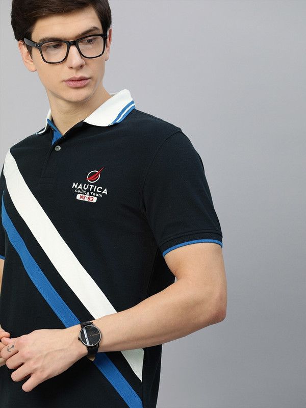 Men Striped Polo Neck Pure Cotton Navy Blue T-Shirt