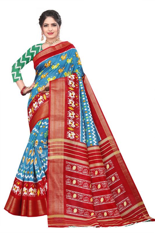 Printed Banarasi Cotton Silk Saree  (Red, Blue)