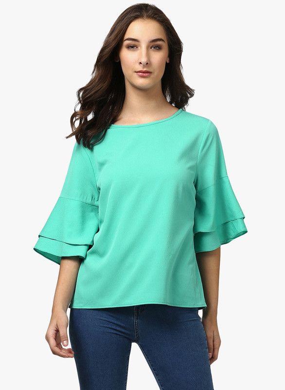 Casual Layered Solid Women Light Green Top
