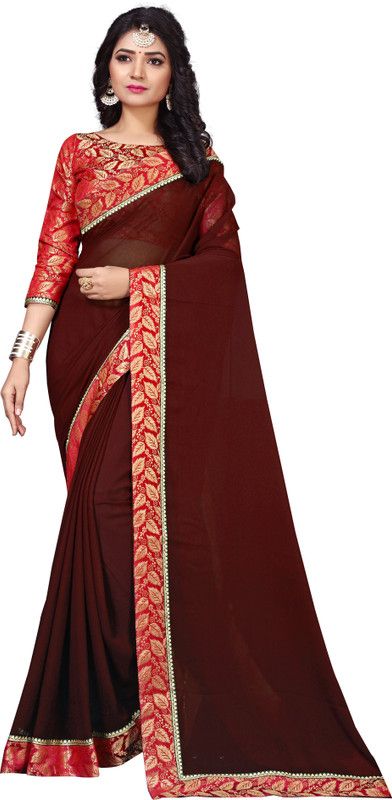 Embroidered Bollywood Georgette, Chiffon Saree  (Brown)