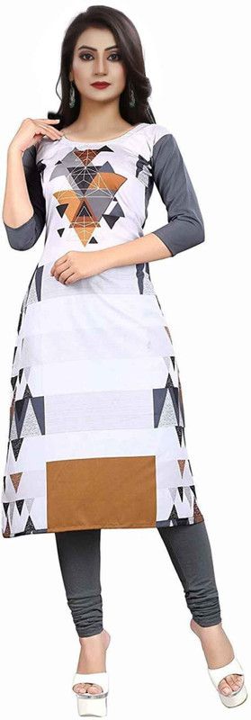 Women Printed Crepe A-line Kurta  (Multicolor, White, Orange, Grey)