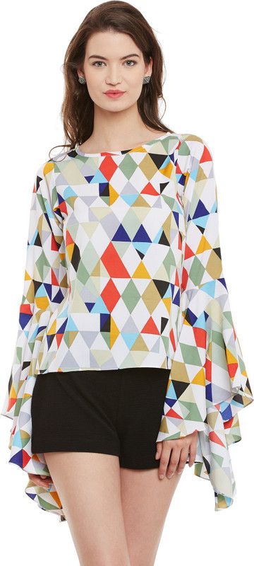 Casual Butterfly Sleeves Geometric Print Women Multicolor Top