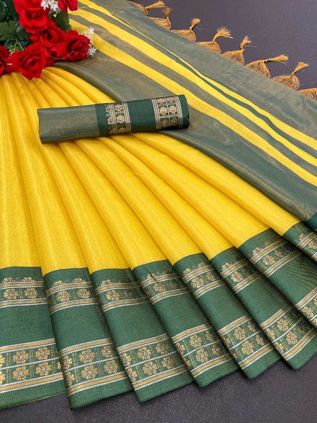 Self Design, Woven Kovai Silk Blend Saree  (Yellow)