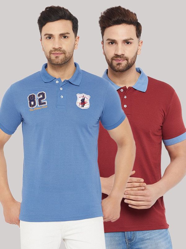 Pack of 2 Men Solid Polo Neck Polyester Blue T-Shirt