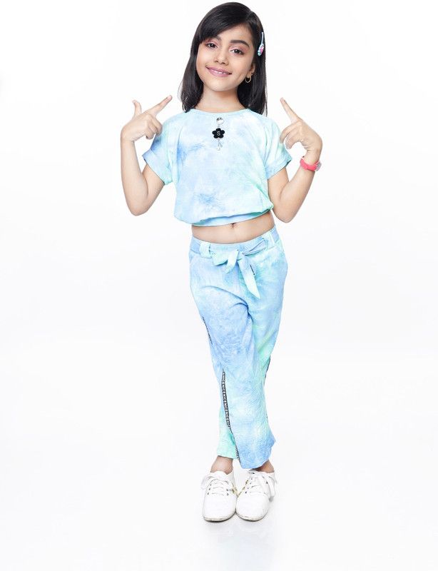 Girls Party(Festive) T-shirt Pant  (Blue)