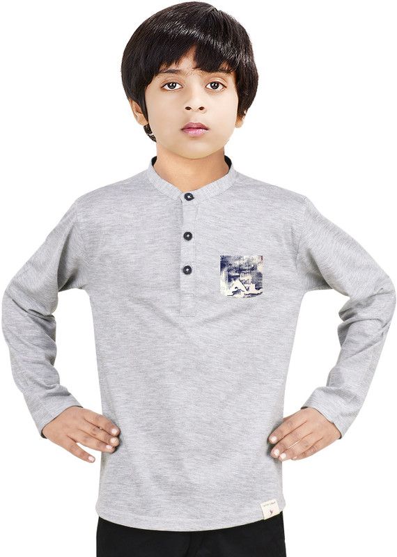 Boys Embellished Cotton Blend Straight Kurta  (Grey)