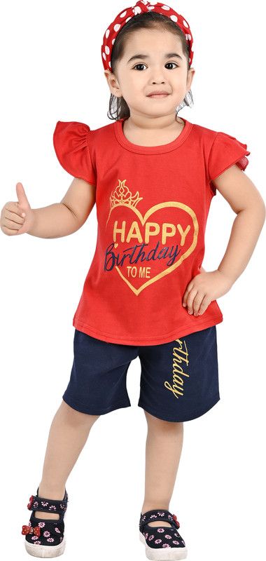 Baby Girls Casual Top Shorts  (Red)