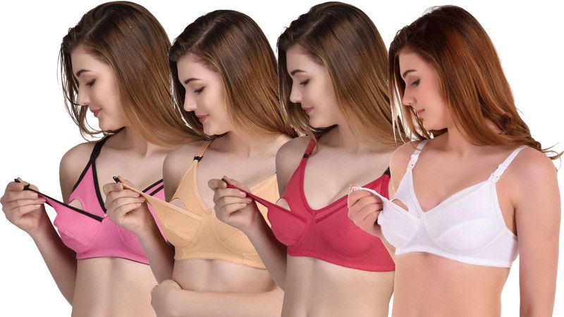Pack of 4 Women Maternity/Nursing Non Padded Bra  (Pink, Beige, Pink, White)