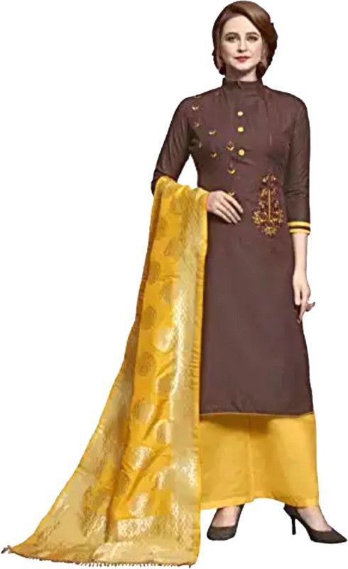 Unstitched Cotton Blend Kurta & Palazzo Material Solid, Embroidered, Printed