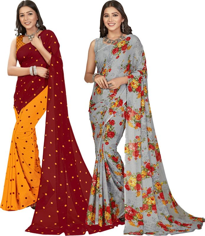 Floral Print Daily Wear Georgette Saree  (Pack of 2, Multicolor, Red, Yellow)
