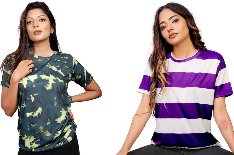 Pack of 2 Women Striped Round Neck Elastane Multicolor T-Shirt