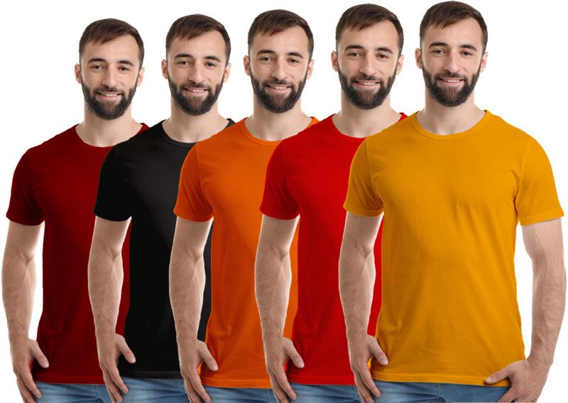 Pack of 5 Men Solid Round Neck Pure Cotton Red, Maroon, Black, Orange, Yellow T-Shirt