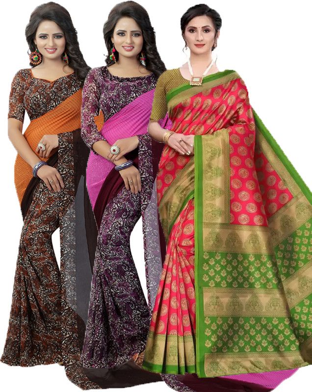Printed Daily Wear Georgette Saree  (Pack of 3, Orange, Purple, Pink)