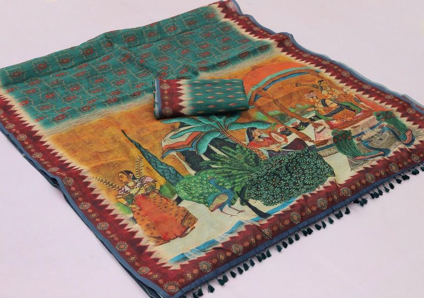 Digital Print Chanderi Chanderi Saree  (Light Green)