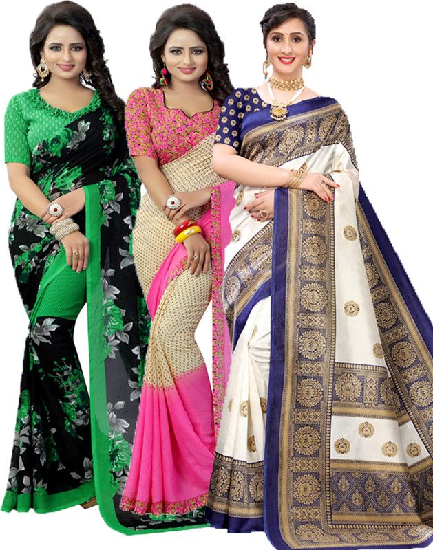 Printed Bollywood Chiffon Saree  (Pack of 3, Green, Pink, Blue)