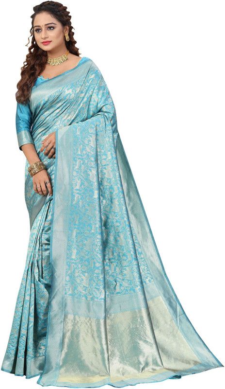 Woven, Animal Print Banarasi Jacquard, Pure Silk Saree  (Light Blue)
