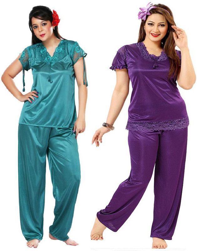 Women Solid Light Green, Purple Night Suit Set