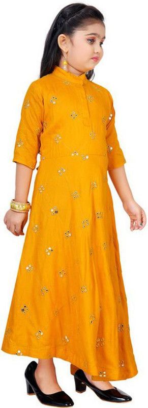 Embroidered Polyester Stitched Flared/A-line Gown  (Yellow)