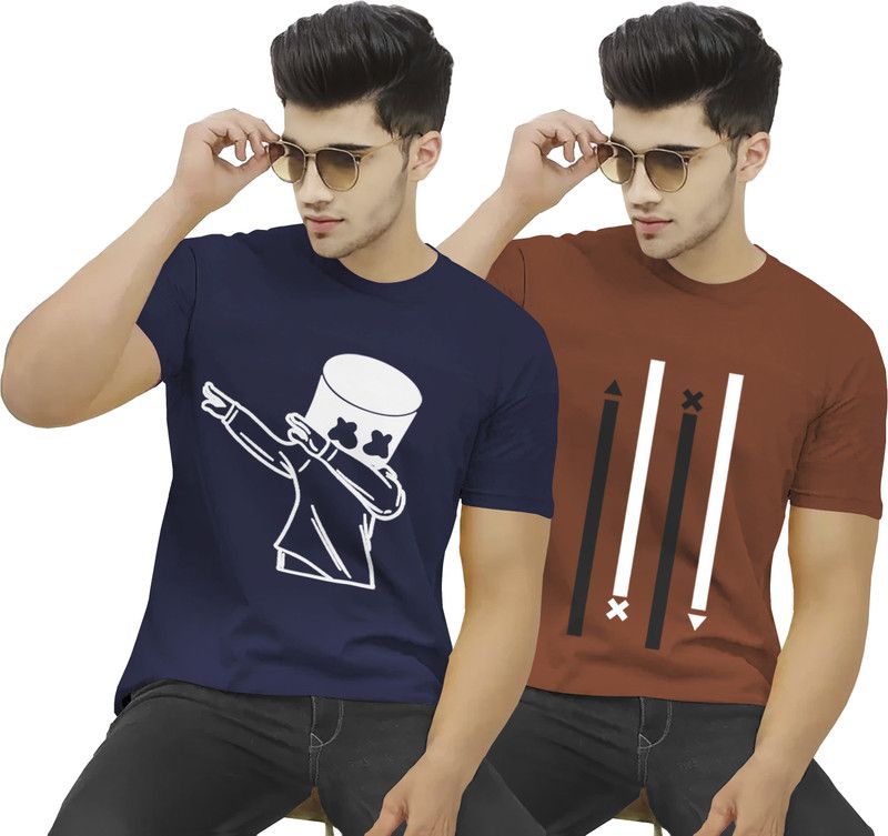Pack of 2 Men Printed Round Neck Cotton Blend Navy Blue, Brown T-Shirt