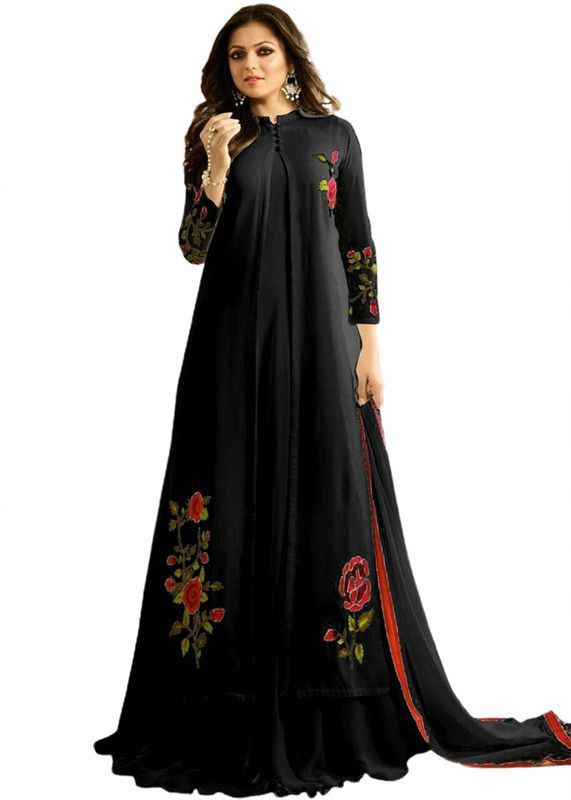 Semi Stitched Georgette Gown/Anarkali Kurta & Bottom Material Embroidered, Embellished