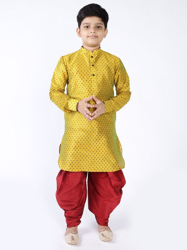 Boys Printed Dupion Silk Straight Kurta  (Yellow)