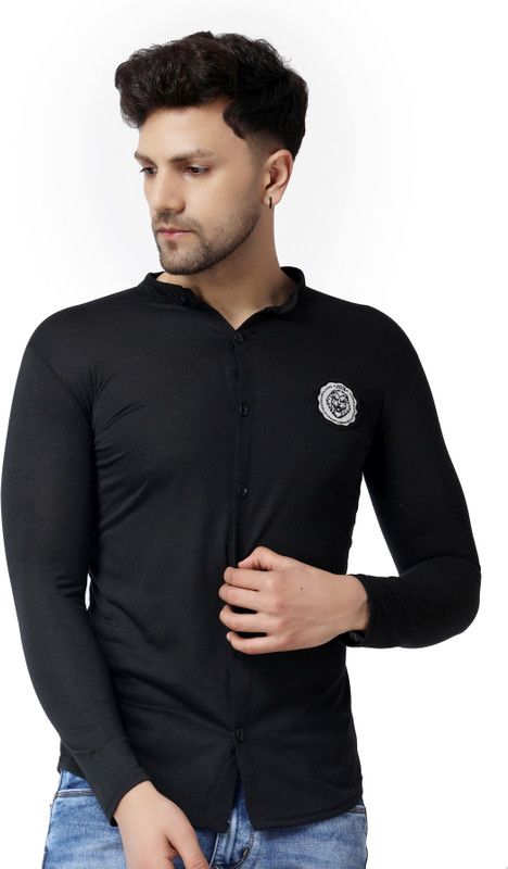 Men Slim Fit Embroidered Mandarin Collar Casual Shirt