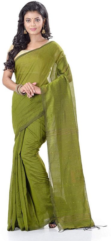 Printed Handloom Cotton Silk Saree  (Dark Green)