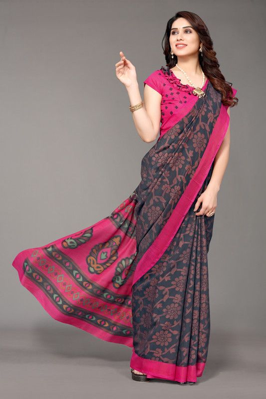 Printed, Woven, Floral Print Bollywood Cotton Blend, Brasso Saree  (Grey)