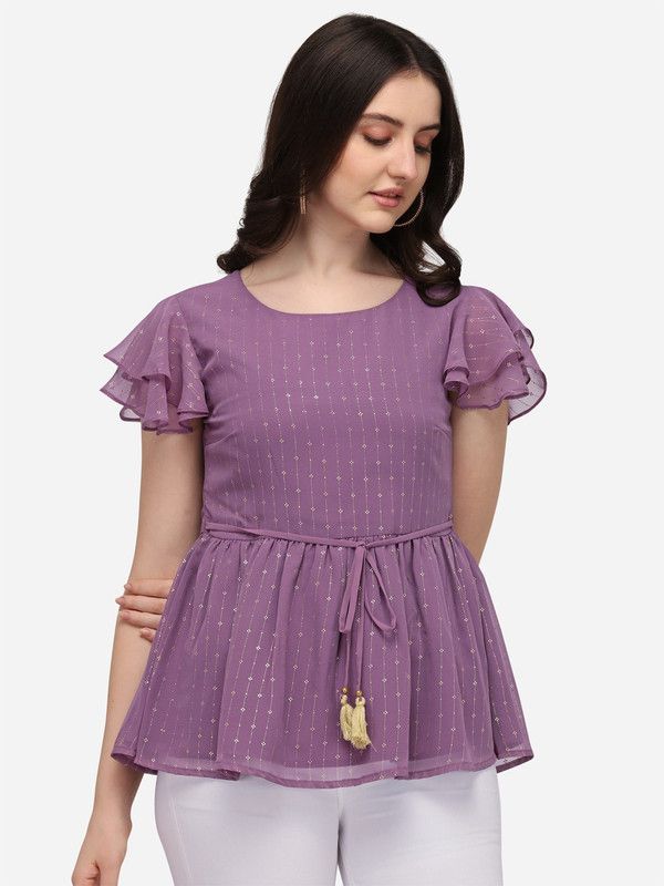 Casual Butterfly Sleeves Printed Women Purple Top