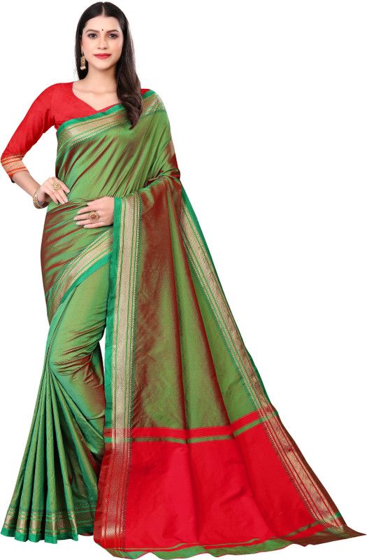 Color Block Bollywood Cotton Blend Saree  (Green)