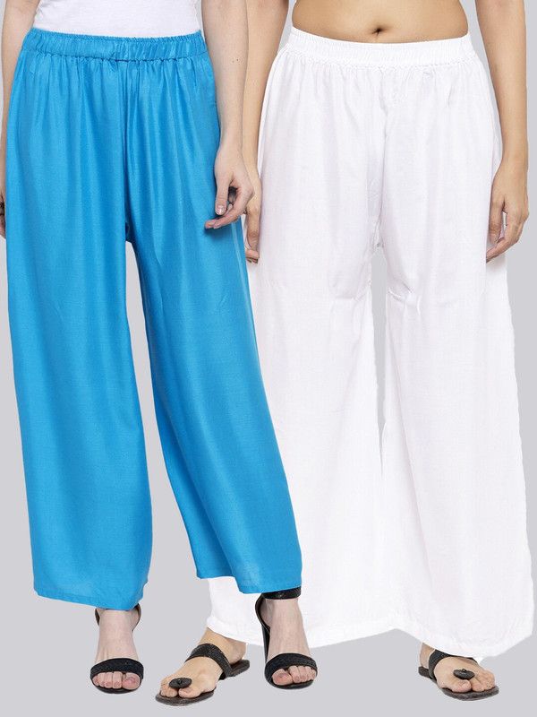 Pack of 2 Women Flared White, Blue Viscose Rayon Trousers