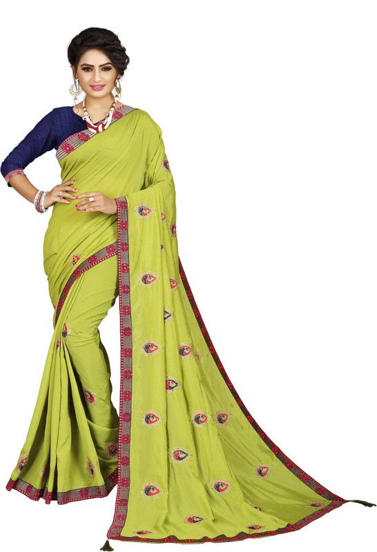 Embroidered Bollywood Viscose Rayon Saree  (Dark Green)
