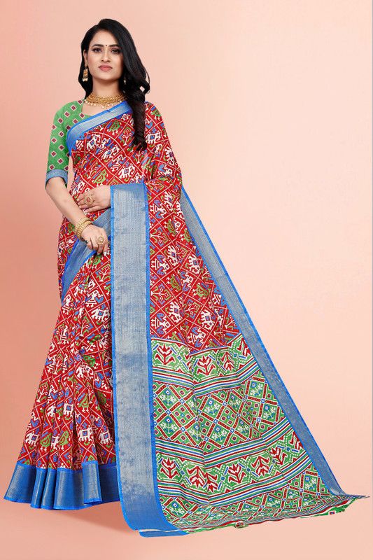 Animal Print Bollywood Cotton Silk Saree  (Red, Blue)
