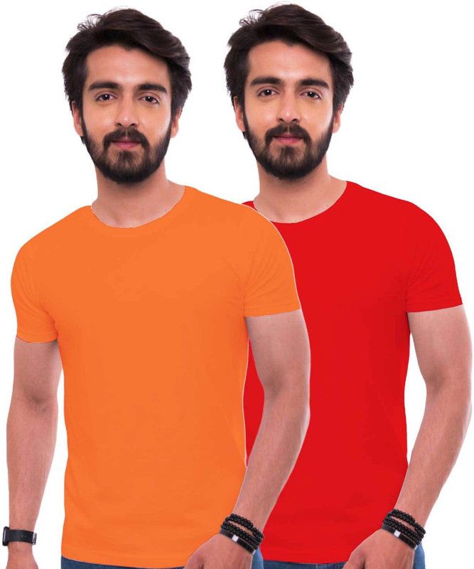 Pack of 2 Men Solid Round Neck Cotton Blend Red, Orange T-Shirt