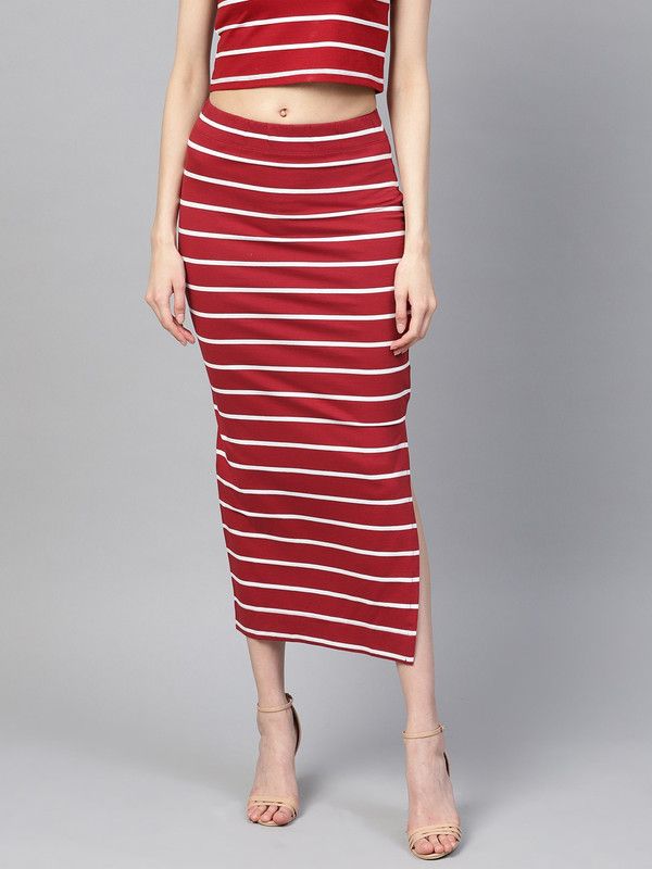 Women Striped Pencil Maroon Skirt