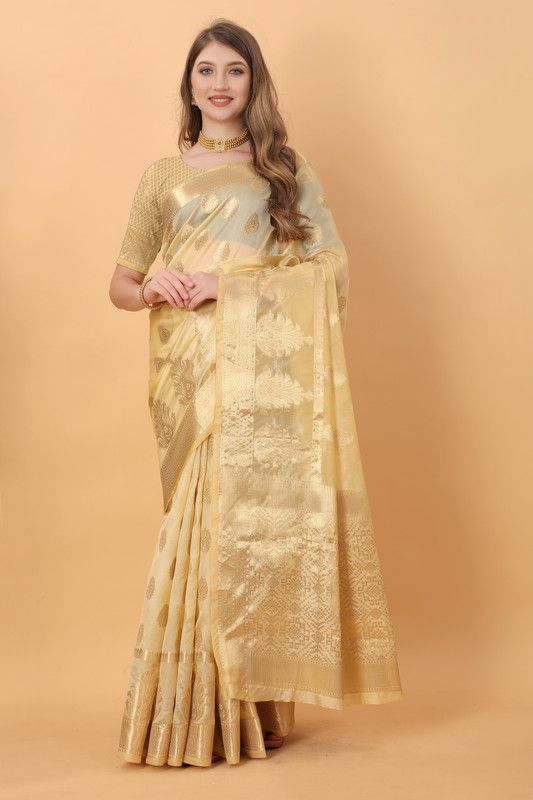 Printed, Self Design, Embellished, Woven, Floral Print, Blocked Printed Banarasi Organza Saree  (Beige)