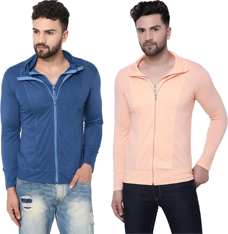 Pack of 2 MZM Men Solid High Neck Cotton Blend Light Blue, Beige T-Shirt