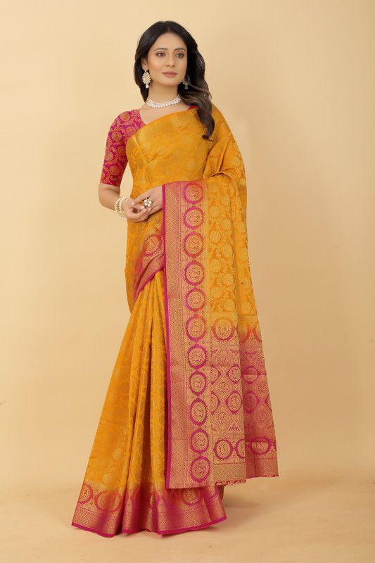 Woven Kanjivaram Silk Blend Saree  (Pink, Yellow)