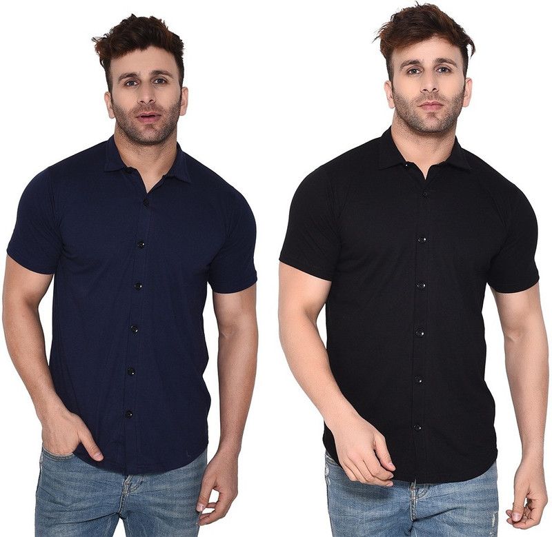 Men Solid Casual Blue, Black Shirt  (Pack of 2)