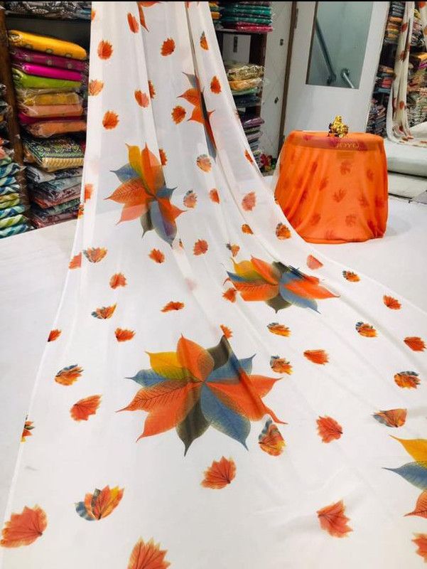 Printed Bhagalpuri Georgette Saree  (Orange)