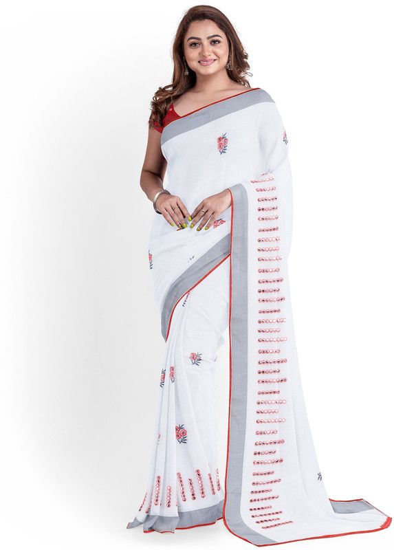 Embellished Daily Wear Linen Saree  (White)
