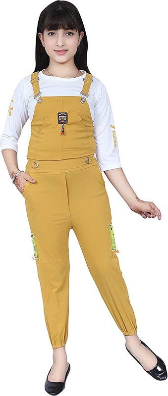 Dungaree For Girls Party Self Design Cotton Lycra Blend  (Yellow, Pack of 1)