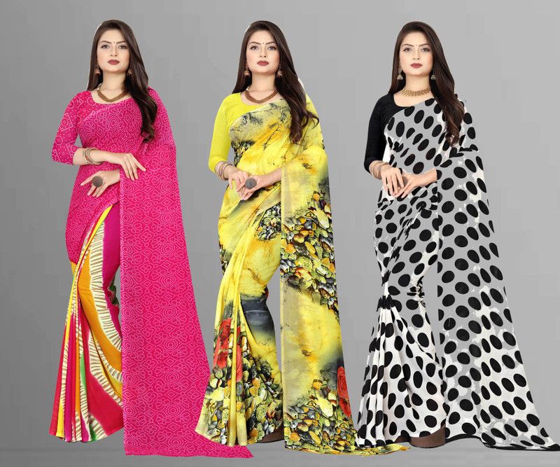 Floral Print Daily Wear Georgette Saree  (Pack of 3, Multicolor, Pink)