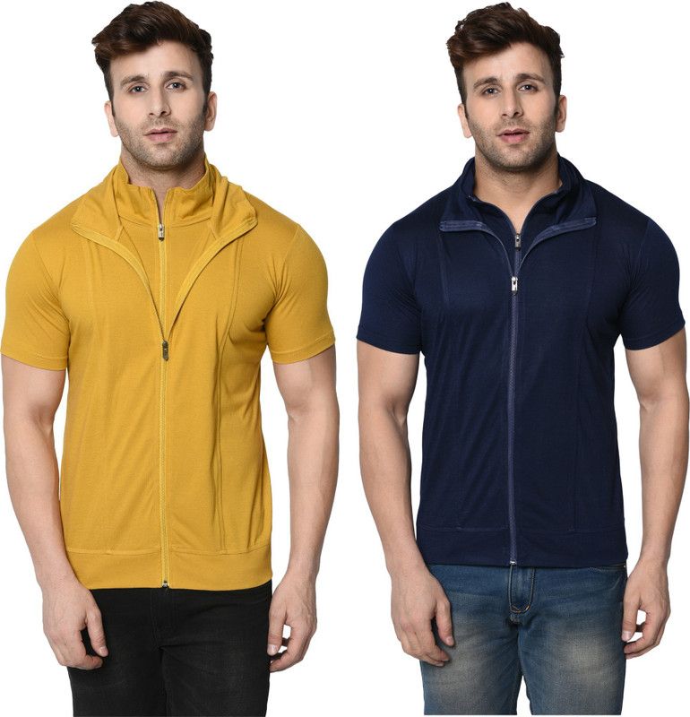 Pack of 2 Double Collar Zipper Party Wear T-shirt Men Self Design, Solid High Neck Cotton Blend Dark Blue, Yellow T-Shirt