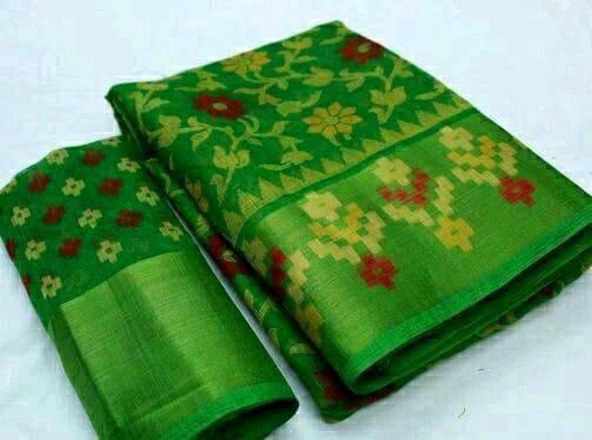 Printed Bhagalpuri Cotton Silk Saree  (Green)