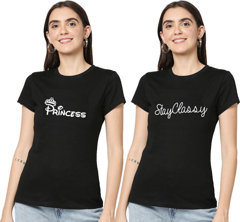 Printed Women Black, Black T-Shirt  (Pack of 2)
