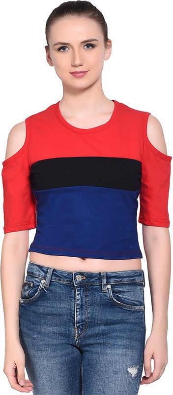 Women Striped Round Neck Cotton Blend Red, Blue, Black T-Shirt