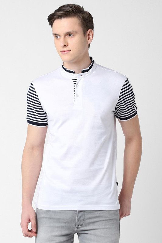 Men Striped Mandarin Collar Pure Cotton White T-Shirt